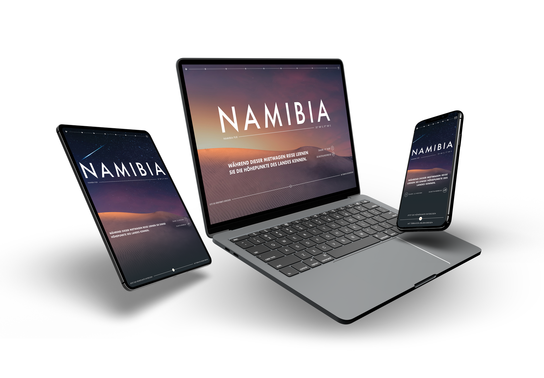 Responsive Darstellung dieser Website auf Desktop, Tablet und Smartphone.