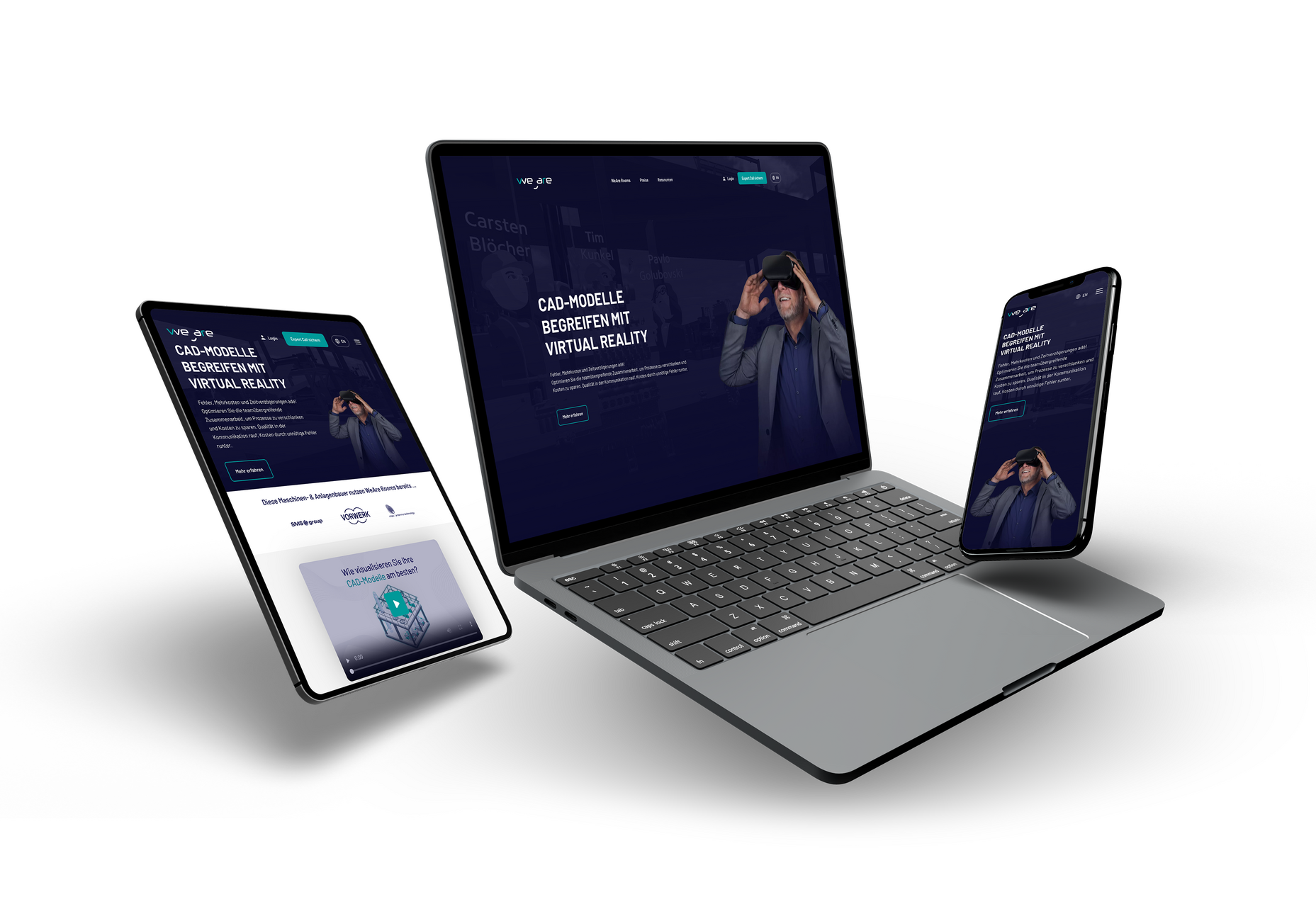 Responsive Darstellung dieser Website auf Desktop, Tablet und Smartphone.