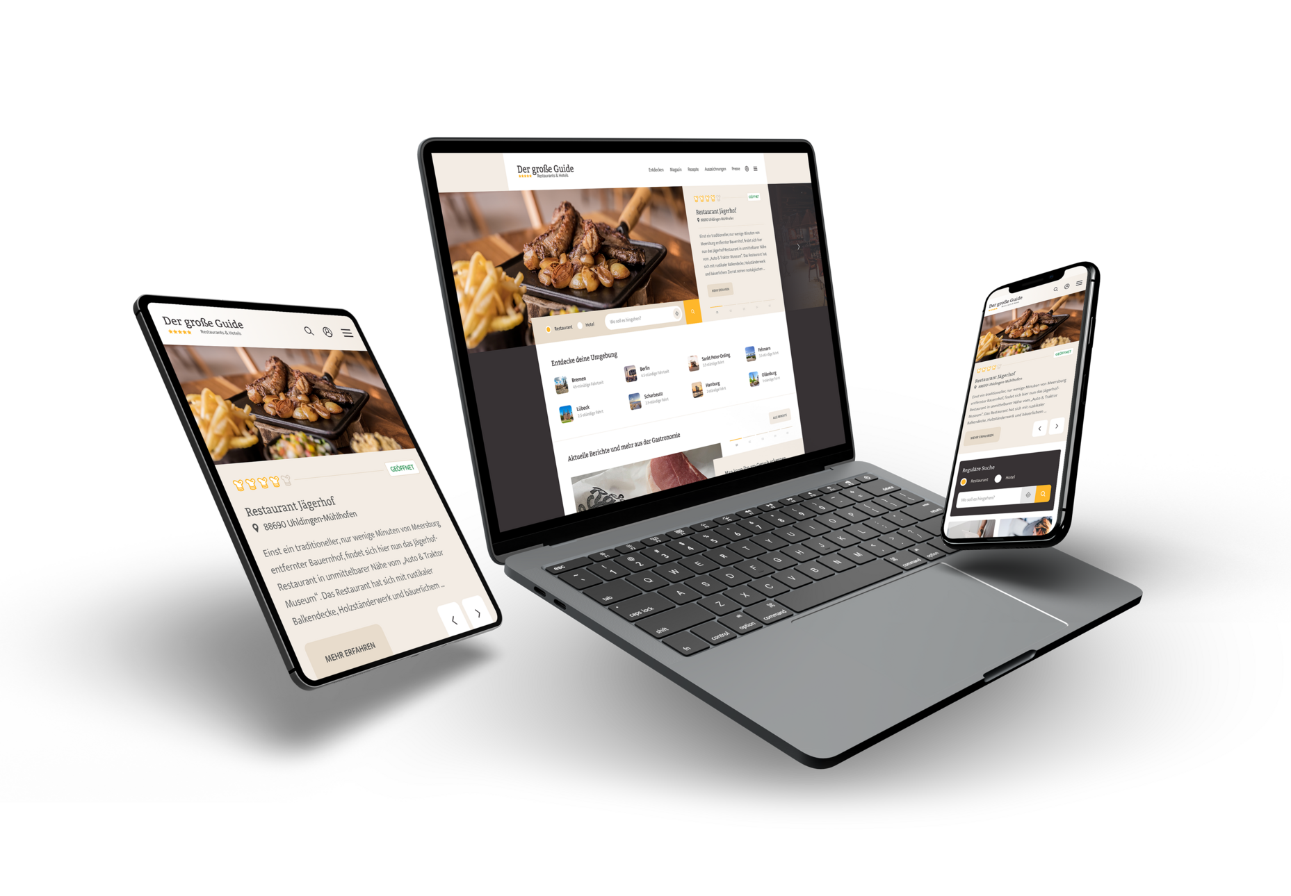 Responsive Darstellung dieser Website auf Desktop, Tablet und Smartphone.