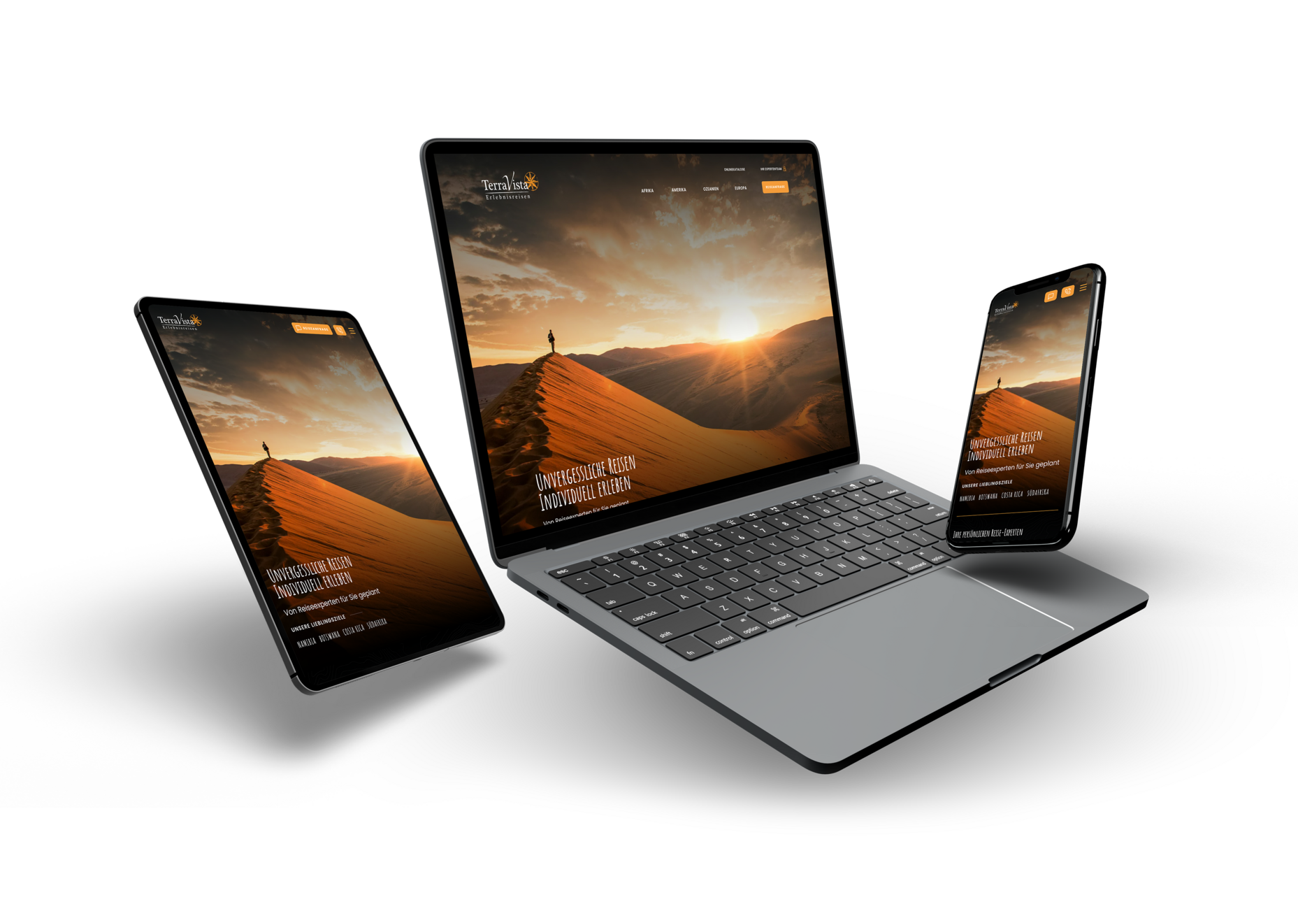 Responsive Darstellung dieser Website auf Desktop, Tablet und Smartphone.