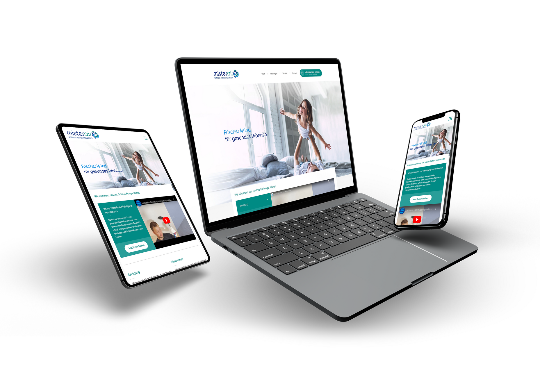 Responsive Darstellung dieser Website auf Desktop, Tablet und Smartphone.
