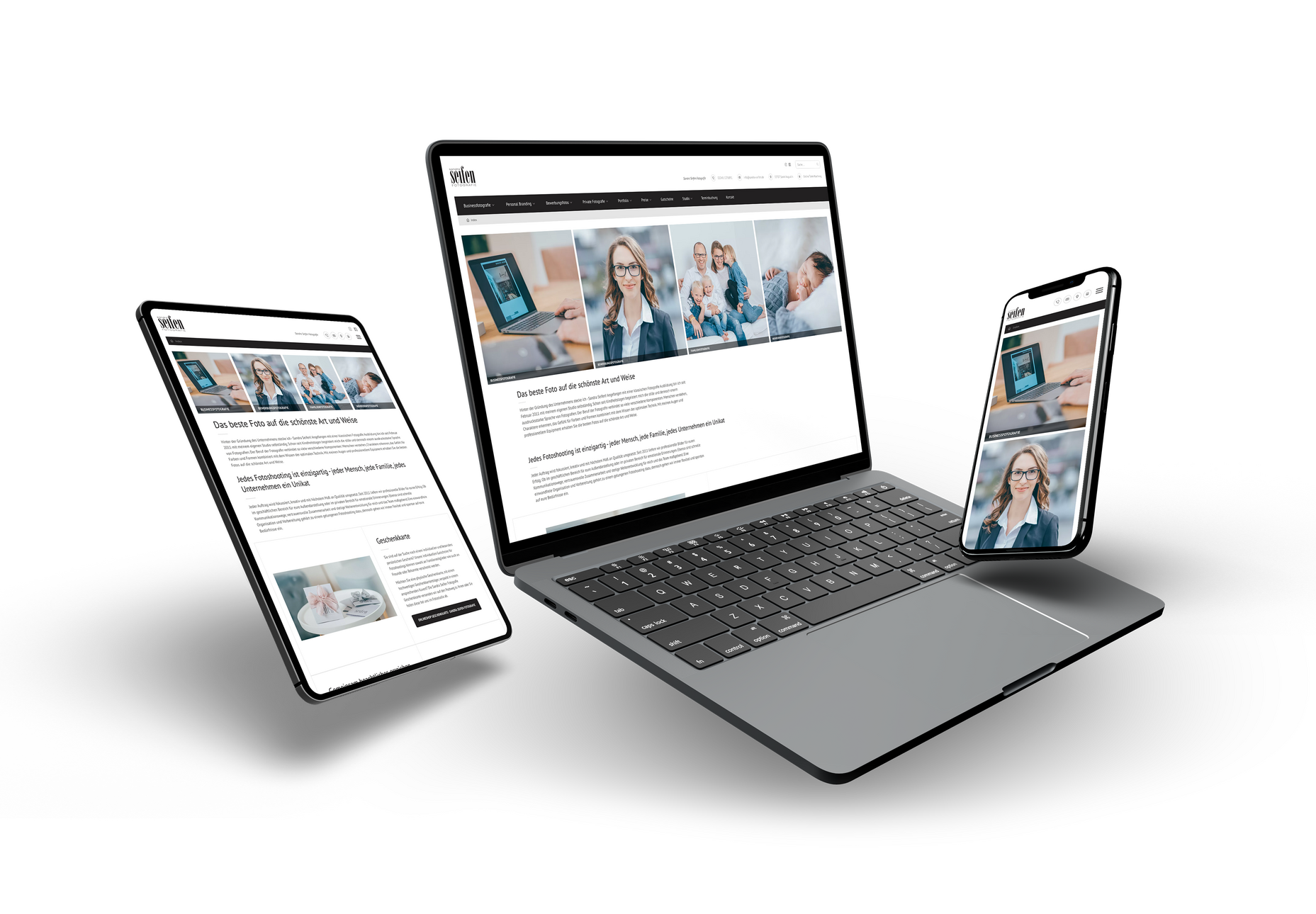 Responsive Darstellung dieser Website auf Desktop, Tablet und Smartphone.