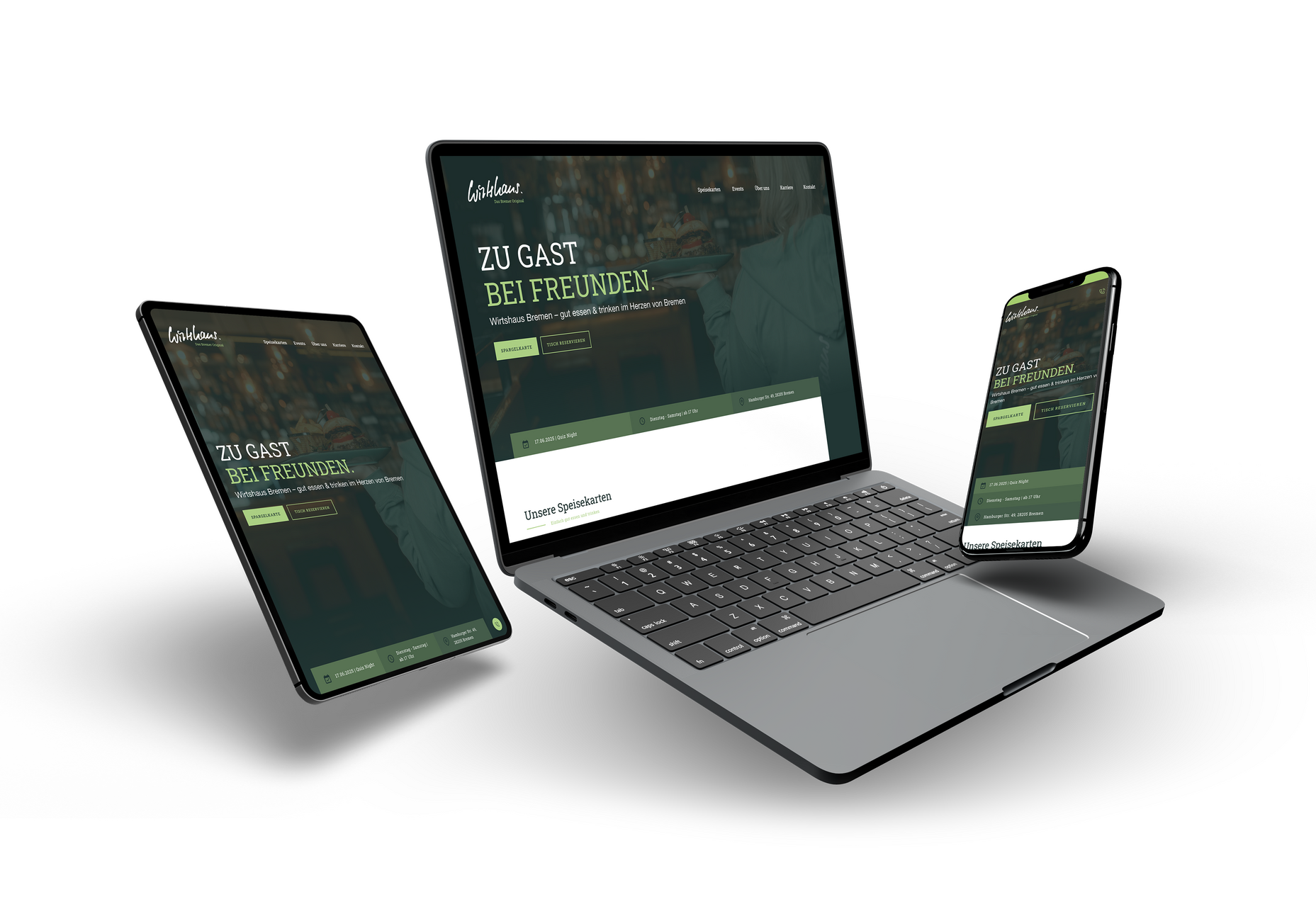 Responsive Darstellung dieser Website auf Desktop, Tablet und Smartphone.
